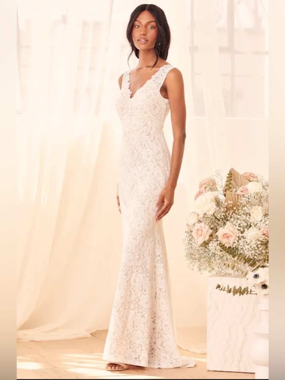 NWT! Lulus Spectacular Romance White Lace Sleeveless Mermaid Maxi Dress - Size M